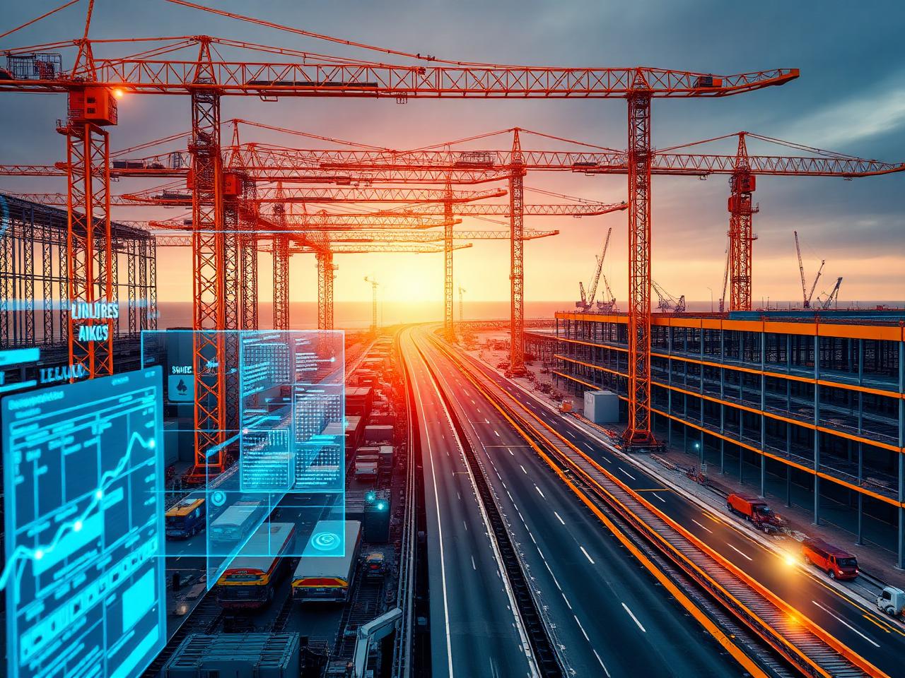Construction cranes and project data layers showing 2nd Brain unifying jobsite information